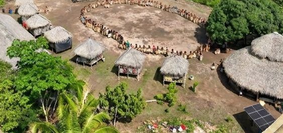 Vista aérea da Aldeia Raimundo Vale: casas de palha em torno de um pátio central, na Terra Indígena Igarapé Humaitá.