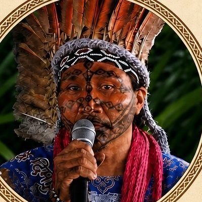 Retrato de Tuku Udi Shawãdawa, de cocar de penas, falando ao microfone.